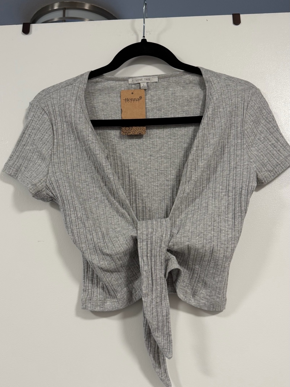 Love Tree Light Gray Ribbed Tie-Front Crop Top